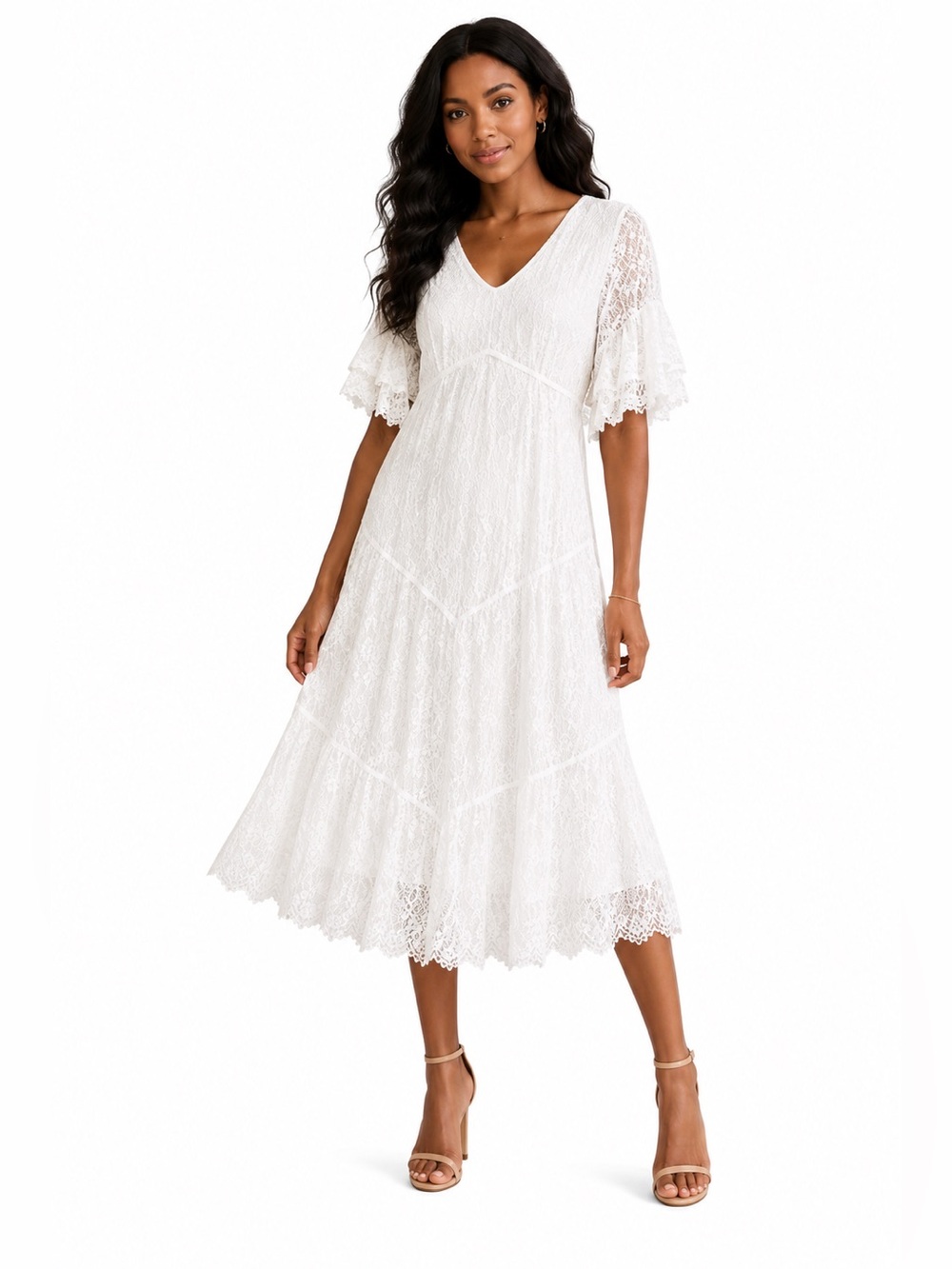 Chris McLaughlin White Lace V-Neck Midi Dress with Tiered Bell Sleeves Size 16